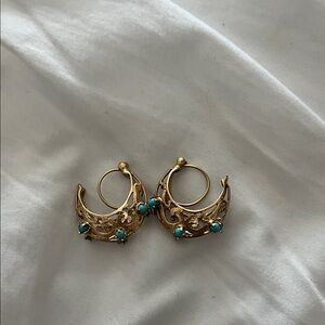 Gold Crescent Hoop Earrings with Turquoise Stones - Women Jewelry